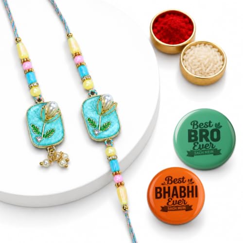 Image of Oblivion Rakhi with Fridge Magnet For Brother & Bhabhi - Stylish Rakhi Set for Bhabhi & Bhai With Fridge Magnet, Greeting Card, Silver Color Coin & Tilak Set - Raksha Bandhan Pack (K1 X6+B4676+BH4676)