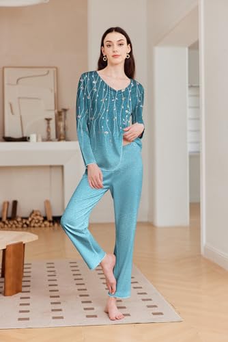 Image of Ekouaer Womens 2 Pack Pajama Set Long Sleeve Pajamas Top and Pants V Neck Pjs Set Soft Sleepwear Loungewear