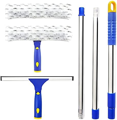 ITTAHO Squeegee for Window Cleaning,10" Squeegee & 11" Microfiber Scrubber Combi with Stainless Steel Pole,Extendable Squeegee Window Cleaner for Car,Sliding Door,Shower Glass Door-Swivel Style-2 Pads