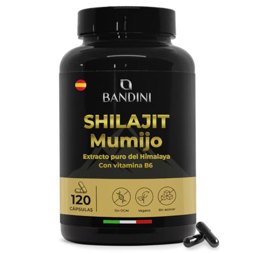 Bandini® Mumijo Shilajit 120 cápsulas, 1000 mg por dosis diaria, el original puro del Himalaya, rico en 85 minerales, con 80% de ácido fúlvico y vitamina B6, más de 85 oligoelementos, 100% vegano