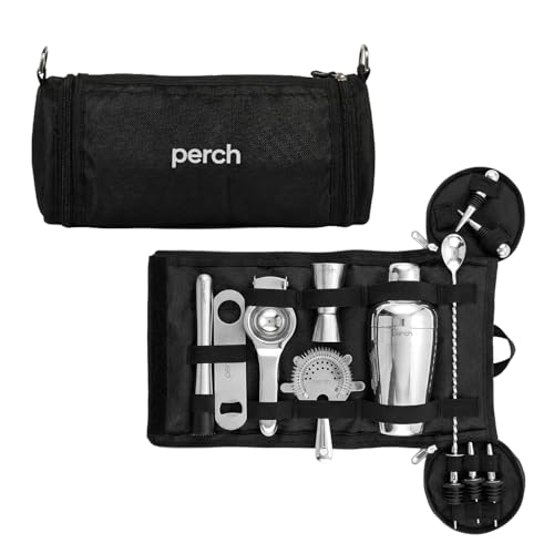 Image of O' Holic by Perch Portable Bar Bag Set | Premium Leatherette Travel Bartender Kit | 13-Piece Cocktail Shaker Set with Jigger, Strainer, Muddler & Bar Tools | Premium Gift for Men| Silver
