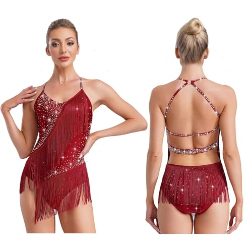 Robe de danse latine pour femme avec dos nu strassé et col licou de gymnastique