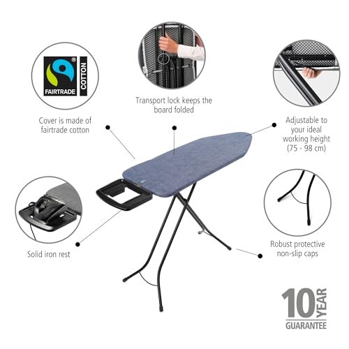 Image of Brabantia XL Comfort Ironing Board with Solid Steam Iron Rest | Large (Size C) | Fairtrade Denim Blue Cover | Adjustable Height (27-38 inch), Easy Fold, Anti-Collapse Lock, Non-Slip Feet