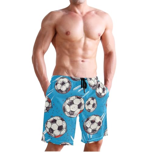Men's Swim Trunks Quick Dry Swimming Shorts with Pocket Soccer Balls on Blue Background Swimsuit Trunks3