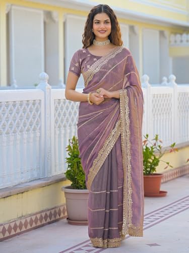 Image of Satrani Women's Shimmer Chiffon Scalloped Border Sequins Embroidery Saree with Unstitched Blouse Piece
