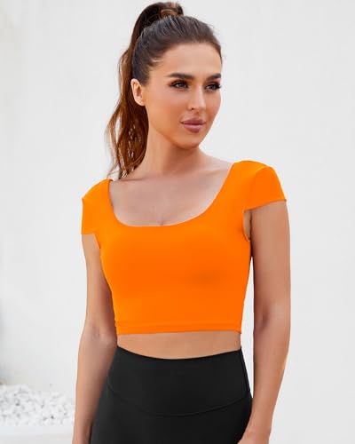 Image of DaiLiWei Open Back Workout Tops for Women Short Sleeve Longline Sports Bras Support Crop Tank Yoga Shirts with Built in Bra