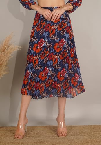 Image of NUEVOSDAMAS Floral Printed Pleated Navy /Multi Skirt