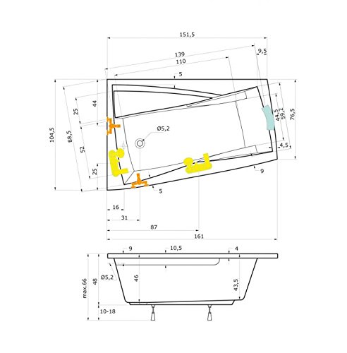 Vasca da bagno 160 x 105 ARA sinistra + piedi + scarico + fissaggio – Acrilico rettangolare vasca da bagno