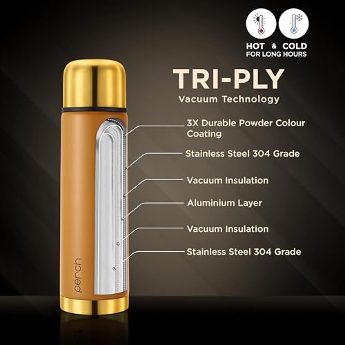 Image of Perch California Stainless Steel Water Bottle 1 LTR | Hot & Cold Flask | ISI Certified | Vacuum Insulated | BPA Free | for Office, School, Gym, Home & Travel | Gold-Amber | Crafted by Pexpo