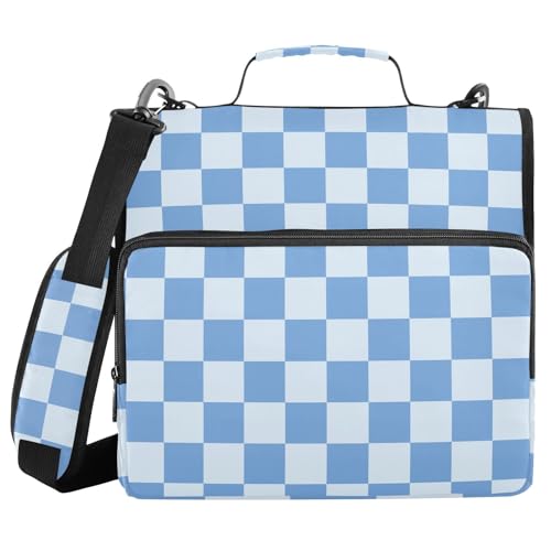 Image of 3 Ring Zipper Binder with Shoulder Strap Blue Checkered White Buffalo Plaid 1.5 inch Binders Keeper Large Capacity Multi Pockets for School Office Supplies