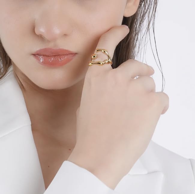 18K Gold Plated Open Crossover Ring for Women | Chunky Adjustable Wrap Band | Minimalist Stackable Statement Jewelry in Stainless Steel - Image 6