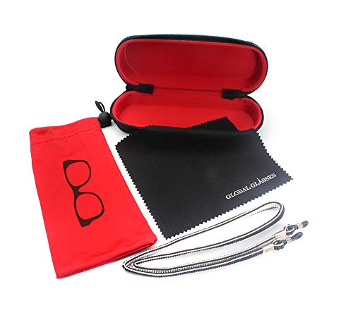 Eyeglasses Case Set, Includes Case, Pouch, Chain and Cleaning Cloth (Rojo)