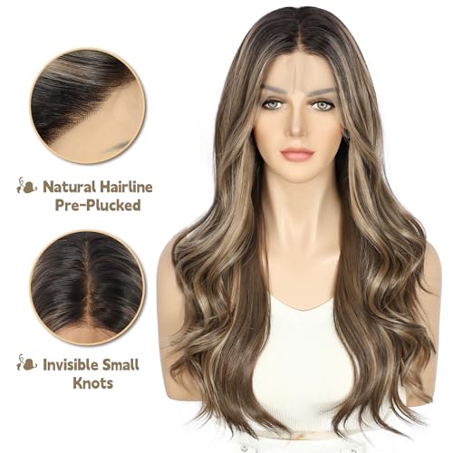 Sapphirewigs Brown Lace Front Wig 13x4 Highlight Synthetic Wigs Body Wave Brown Lace Front Hair Pre-plucked Daily Wear Party Date Christmas 22 inch - Image 2