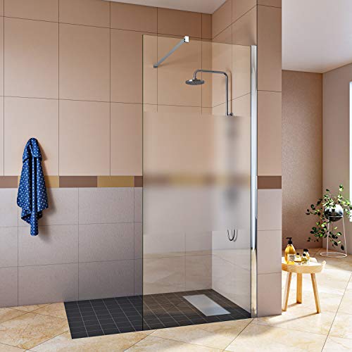 Sirhona - Pared de ducha (120 cm, con banda opaca para ducha a ras de suelo con cristal NANO opaco 8 mm y barra estabilizadora, 100 cm)