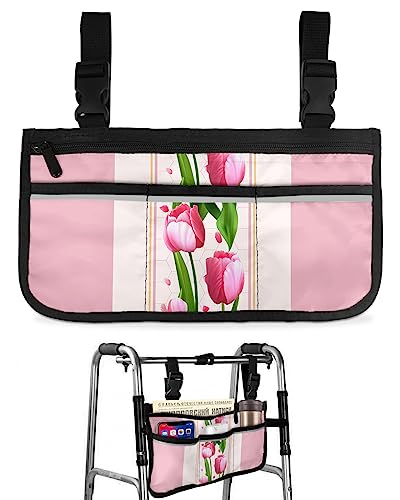 Spring Pink Florals Wheelchair Side Bag Walker Bag, Mother's Day Tulip Wheelchair Accessories Armrest Pouch, Organizer Storage Bag for Walkers, Rollators, Scooters, 7.3''x13''