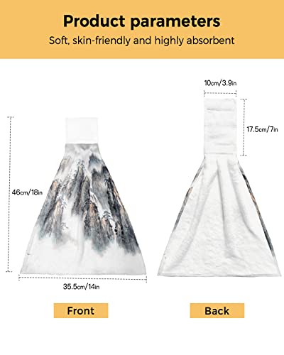 Chinese Painting Print Kitchen Hand Towel,Soft Hanging Dish Towels With Loop For Bathroom,Asian Mountain Range Landscape Nature Trees Sketchy Illustration,Drying Dishclothes Decorative Sets,2-Pc #TOP2