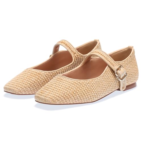 Raffia Mary Jane Flats Women, Woven Ballet Flats with Strap Closed Square Toe Flat Shoes for Daily Casual Dress3