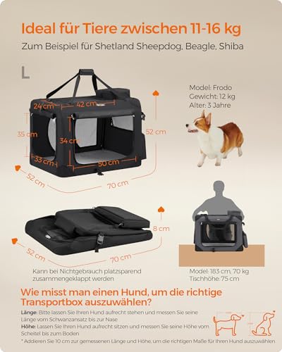 Feandrea Hundebox faltbar, Transportbox Hund, L, Hundetasche, Oxford-Gewebe, Netzstoff, atmungsaktiv tragbar transportabel, Metallrahmen, mit Griffen, Taschen, 70 x 52 x 52 cm, schwarz PDC70H
