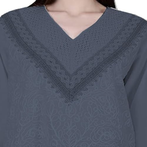 Image of Ukal Hand Embroidered Bige Top /Full Sleeves Cotton Tunic /Summer Short Ethnic Chikan Relaxed Fit Kurti /Boho Short Ethnic Dress for Women (in, Alpha, L, Dark Grey)