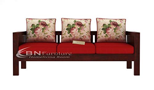 Image of BN Furniture Solid Sheesham Wood Sofa Set 6,5,3&2 Seater Cushioned Back for Living Room Stylish, Durable & Comfortable for Home, Office, Hall, Guest Room (red Cushioned Sofa 3 Seater, 3 Seater)
