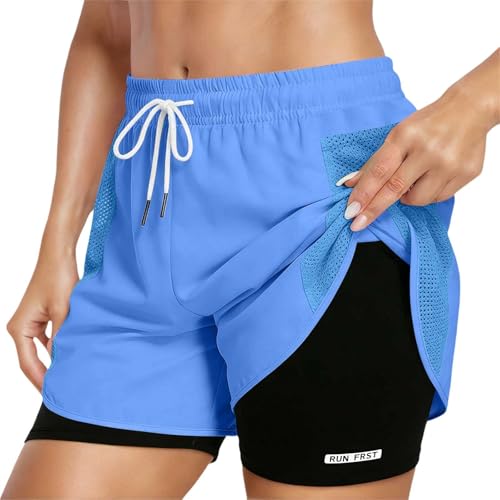 Pantalones Cortos Deportivos 2 En 1 Mujer Verano Pantalones Cortos De Deporte para Mujer con Bolsillo De Verano Mallas Ligero Transpirable Forro Interior Short Running Cintura Alta (Blue-3, XS)