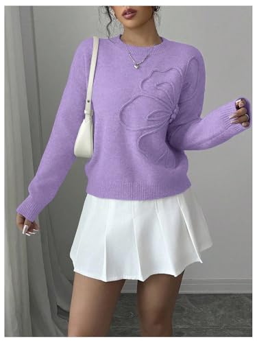 Image of RoseSeek Women's 3D Floral Appliques Crewneck Sweaters Long Sleeve Drop Shoulder Pullovers Elegant Knit Tops