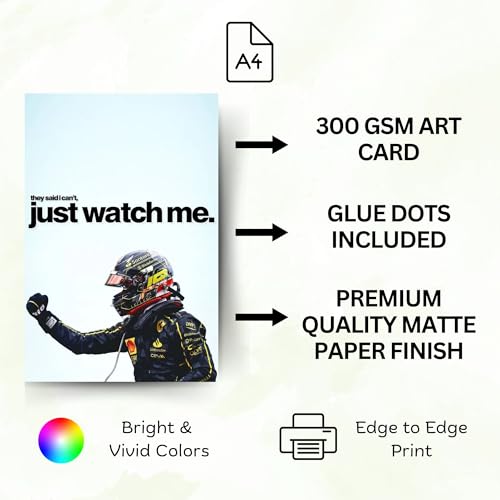 Image of Posters Inc Sports F1 Cars Motivational Posters for Wall A4 Size Aesthetic Setup 300 GSM Matte Paper Pack of 6 Automotive Motorsport Decor for Boys Gaming Room, Bedroom, Home & Office with Adhesive