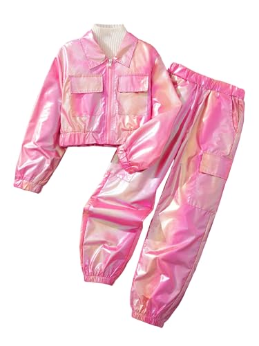 Image of WDIRARA Girl's 2 Piece Holographic Outfit Flap Pocket Zip Up Jacket and Elastic Waist Pants Set
