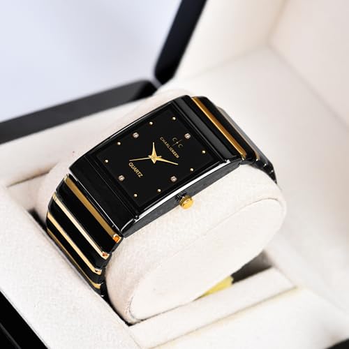 Image of CHARLIEKEEN Rectangular Wristwatch, Black Dial with Rose Gold Roman Numerals, Silicone Strap, Elegant Style