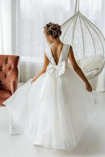 Flower Girls Dress for Wedding Satin Tulle Pageant Formal Communion Dress Pearls Prom Ball Gown with Bow-Knot4
