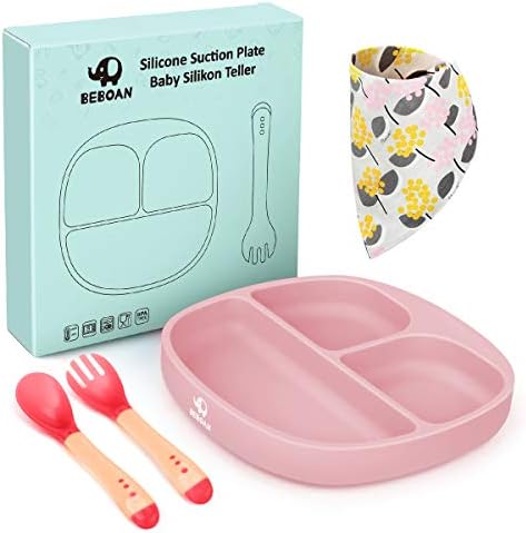 BEBOAN Silicone Divided Plate, Upgraded Non Slip Suction Plates,100% BPA-Free Feeding Dishes, Baby Toddler Plate Fits for Most High Chair (Pink)