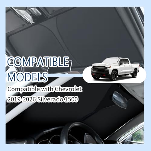 Image of Car Windshield Sun Shade Compatible with Chevrolet 2019-2026 Silverado 1500,Oxford Cloth Sun Shade for Car Windshield with Foldable Design,Windshields Cover Suns Shades with Storage Bag