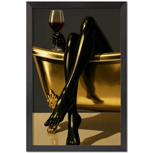 Luxury African American Black Woman Gold Bathtub Red Wine Wall Art Elegant Black Skin Canvas Print Aesthetic Room Decor Family Wall Decor for Bedroom Bathroom Apartment 8X10 in Black Framed