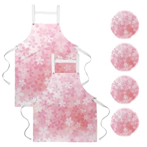 Lot de 2 tabliers de cuisine à motif fleurs de cerisier avec 4 broches pour le bistrot