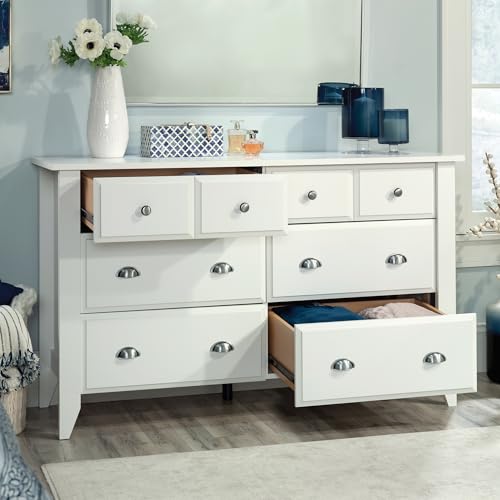 Image of Sauder Shoal Creek Dresser, Six Drawer Storage, Oak Bedroom Dresser, Soft White Finish