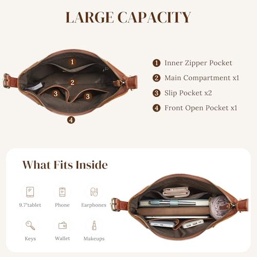 Image of S-ZONE Leather Purses for Women Shoulder Hobo Handbag Rose Pattern Travel | Full Grain Cattle Leather, Fits 9.7-inch Tablet, Daily Casual, Adjustable Shoulder Strap, Multi Pocket Storage