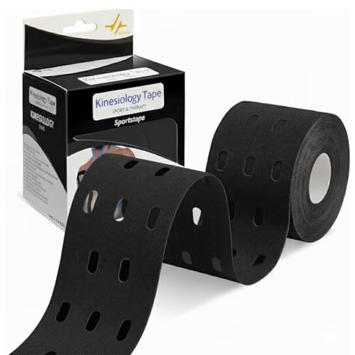 Image of PulseITSportsTape Kinesiology Tape- Waterproof & Sweatproof Sports Tape for Muscle Support, Pain Relief & Injury Recovery | Athletic Physio Tape for Knee, Shoulder, Ankle. 5cm x 5m (With Holes, Black)