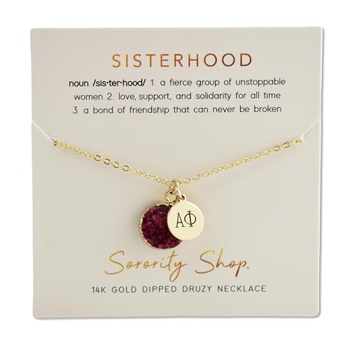 Sorority Shop AP Necklace - Alpha Phi Red Druzy Gemstone Necklace With Engraved Pendant – 14K Gold Dipped Jewelry with Red Gemstone – Sorority Gift, Charm Paraphernalia3
