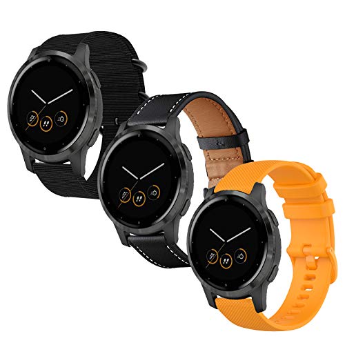 Anrir Compatible for Garmin Vivoactive 4S Watch Band, 18mm Woven Nylon Band Black+Leather Band+Silicone Band for Garmin Vivomove 3S 39mm, Fossil Q Venture Gen 4 HR/Gen 3 Smart Watch-3 Pack