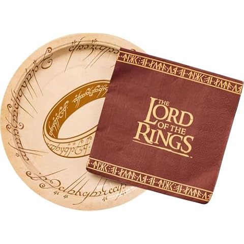 Silver Buffalo Lord of The Rings Elvish Script Wrapped Around Ring 32-Count Paper Napkin and Plate Party Pack Cover