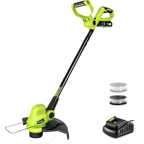 SnapFresh Cordless Grass Trimmer 20V 12In Cutting Width 80° Adjustable Head/Lightweight 3.3LB/ Flower Guard/Auto-Feed Line/ 2.0Ah Battery Electric Edger Cutter Garden Maintenance Lawn Pruning Weed