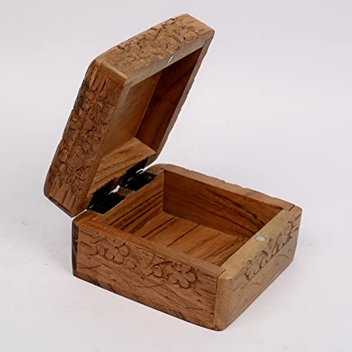Edhas Acacia Wood Vintage Jewelry Box Or Keepsake Box, Trinket Boxes For Women, Handicraft Items, Perfect Choice For Women (4" X 4" X 2.5") #TOP1