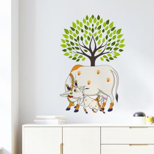 Image of Decal O Decal Green Tree and Kamadhenu Cow Feeding Its Calf Wall Sticker | Sacred Cow with Tree Wall Decor Self Adhesive Wall Sticker