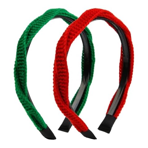 WOVOWOVO Christmas Headbands for Women Girls Red Braided Knitted Hairband Green Fashion Non Slip Headband Solid Colors Hair Accessories, 2 Pieces Cover