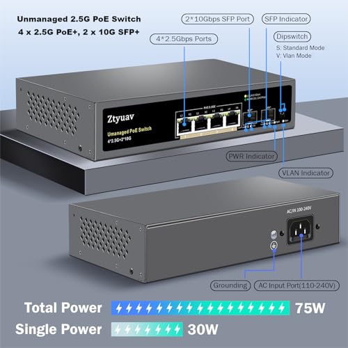 Image of 6 Port Unmanaged 2.5G PoE Switch with 4 x 2.5G PoE+ Ports @75W, 2 x 10G SFP+, IEEE802.3af /at Compliant, Ports Speed Auto-Negotiation, One-Key VLAN, Plug & Play, Fanless Metal Design
