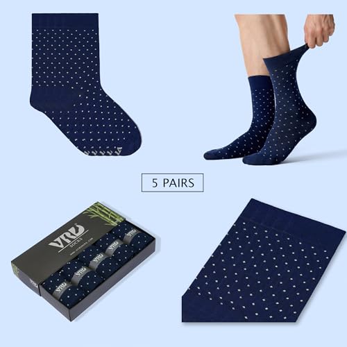 VRD Bamboo Mens Dress Socks for Men, 5-Pack, Blue Navy Crew Length Mid-Calf Socks, Mens Shoe Size 8-132