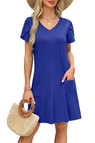 Image of OFEEFAN Womens Summer Dresses 2026 Tulip Petal Short Sleeve V Neck Loose Swing Sundresses with Pockets Plain /Print