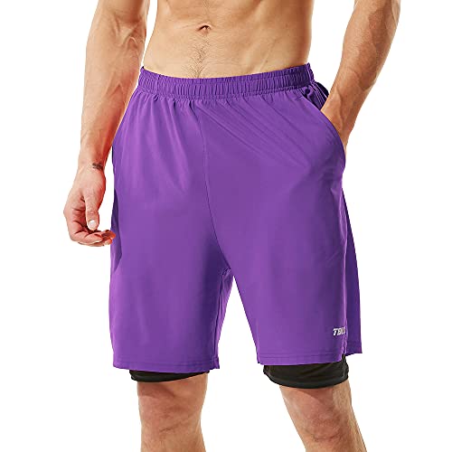 Tenjoy Men's 2 In 1 Running Shorts 7" Quick Dry Gym Athletic Workout Shorts For Men With Phone Pockets Purple #TOP1