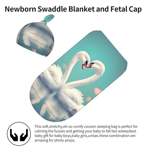 The swan in Love Print Newborn Swaddle Blanket with Beanie Set, Soft Baby Sleep Sack Receiving Wraps, for Boy Girl2