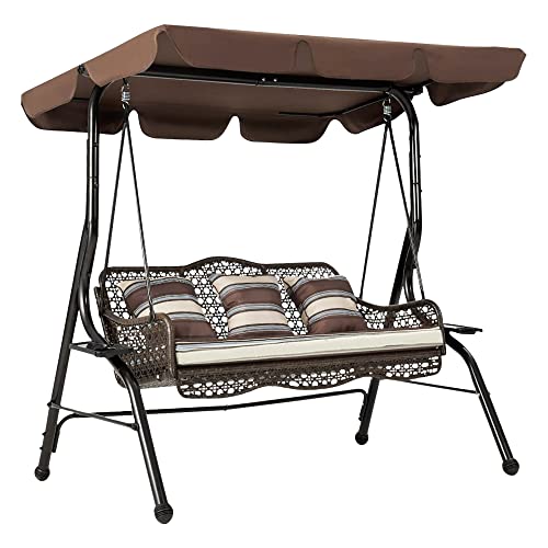 Jerry & Maggie 3 Seat Porch Swing Chairs For Outside, Patio Hammock With Canopy, Outdoor Swings For Adults, Covered Swing With Metal Stand, Brown Striped Cushions & Pillows #TOP7